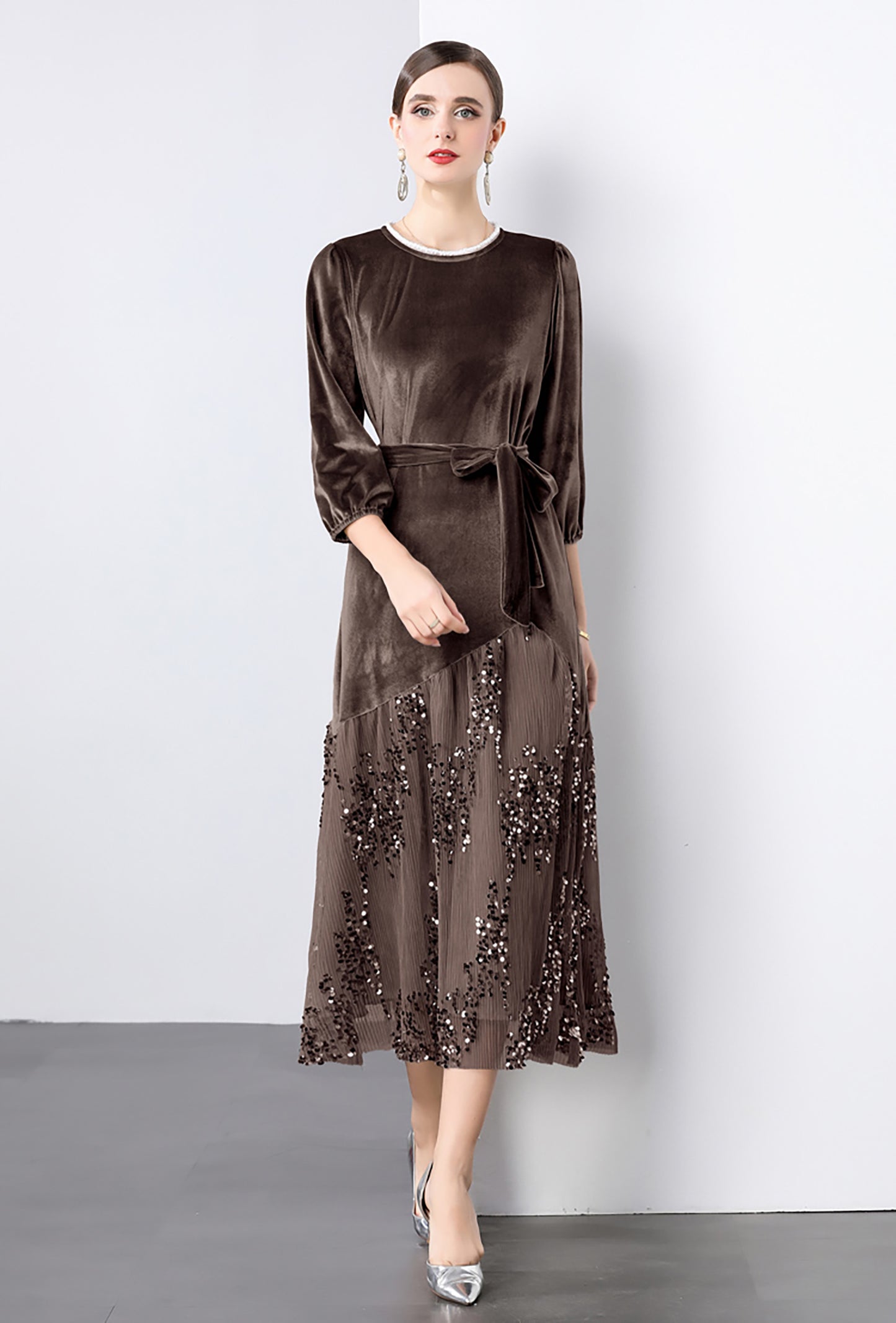 Velvet Lace Patchwork Sequins Midi Dress