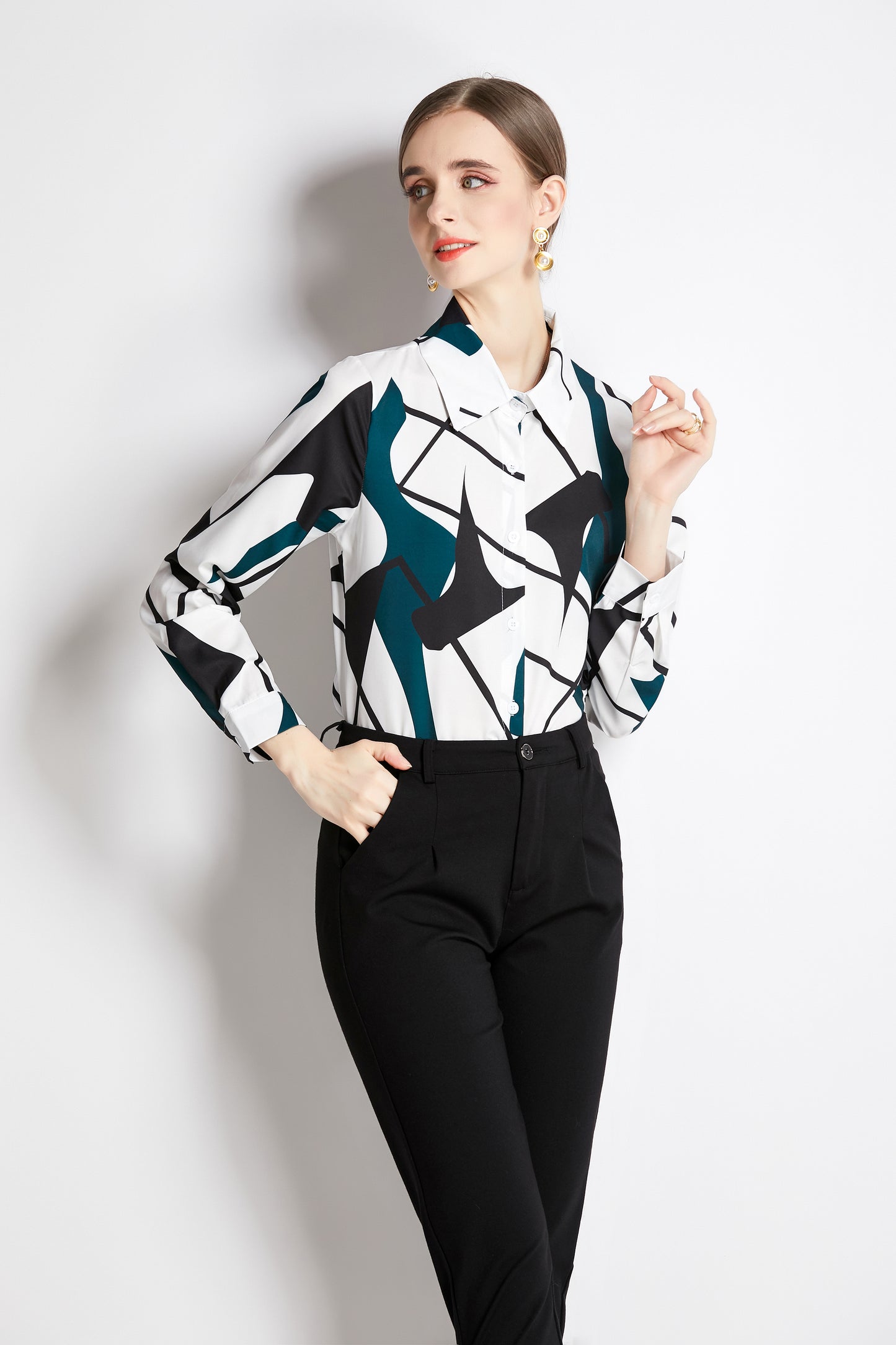 ESY-Women's Long Sleeve Lapel Collar Print Button Blouse