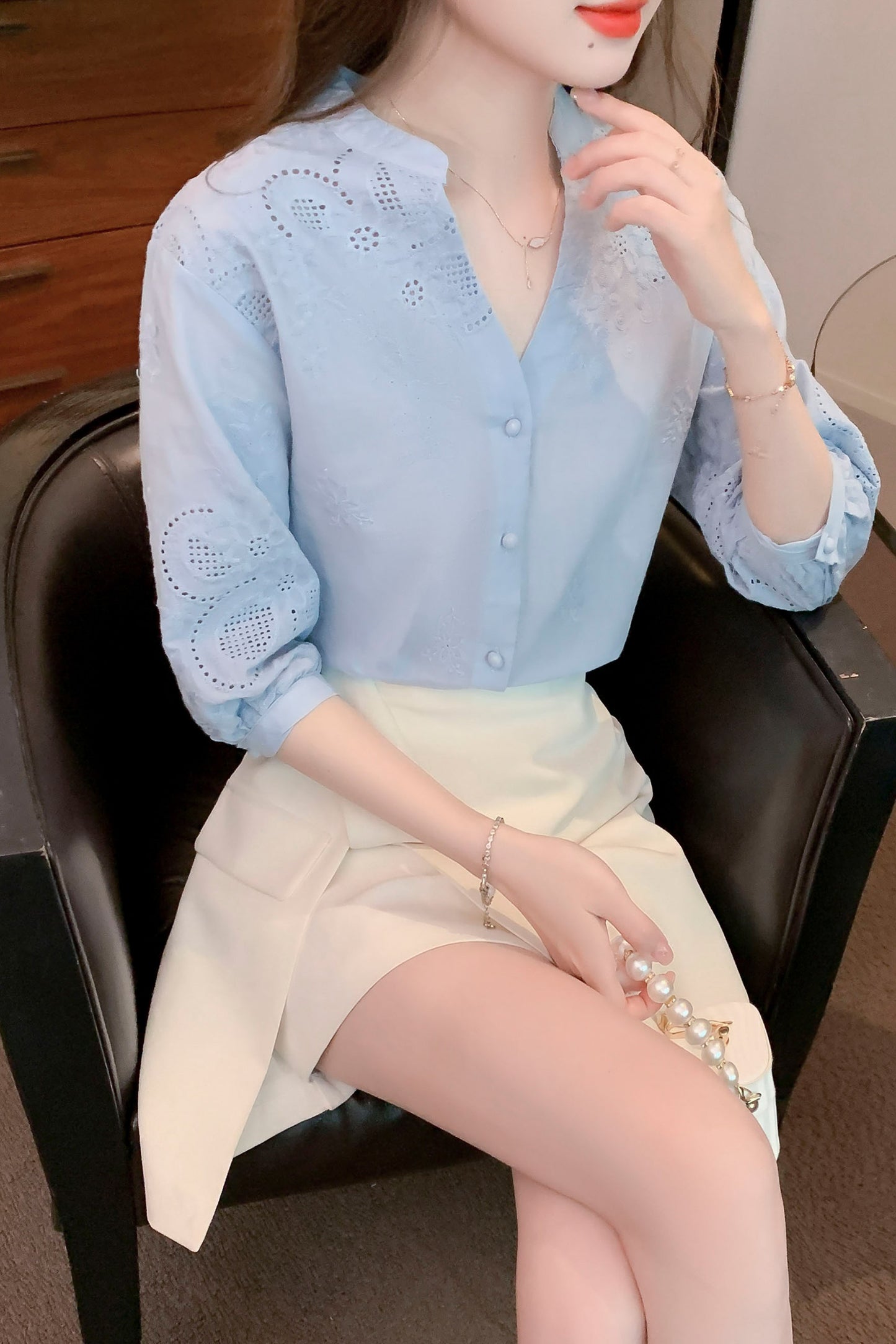 Blue V-neck Raspberry Embroidered Lace Blouse