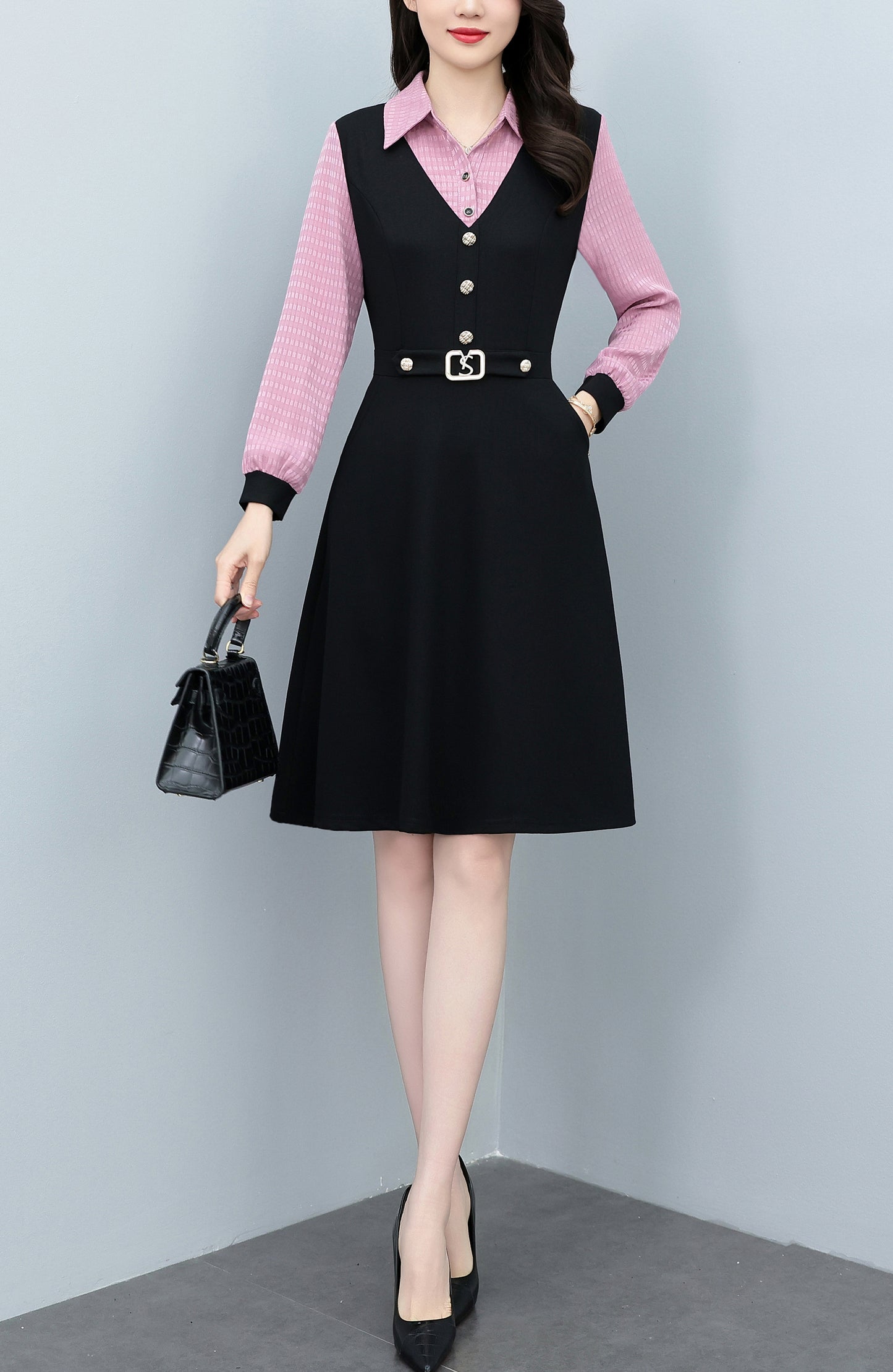 Women's Lapel V-Neck Pocket Long Sleeve Black Dress