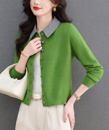 Contrast Gingham Collar Knit Cardigan – Vintage Button Sweater Top