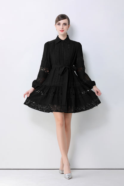 Women's Hollow Out Lace Puff Sleeve Button Mini Dress - LAI MENG FIVE CATS