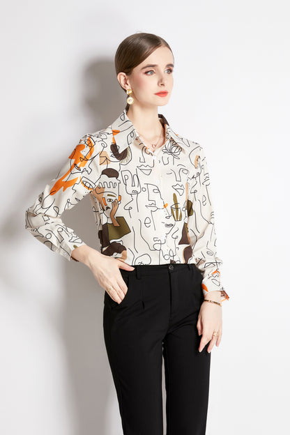 ESY-Women's Long Sleeve Lapel Collar Print Button Blouse