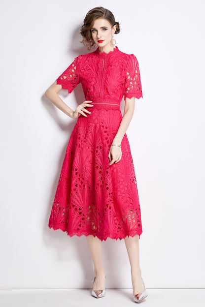 Women's Floral Lace Crew Neck Crochet Waist Midi Dress