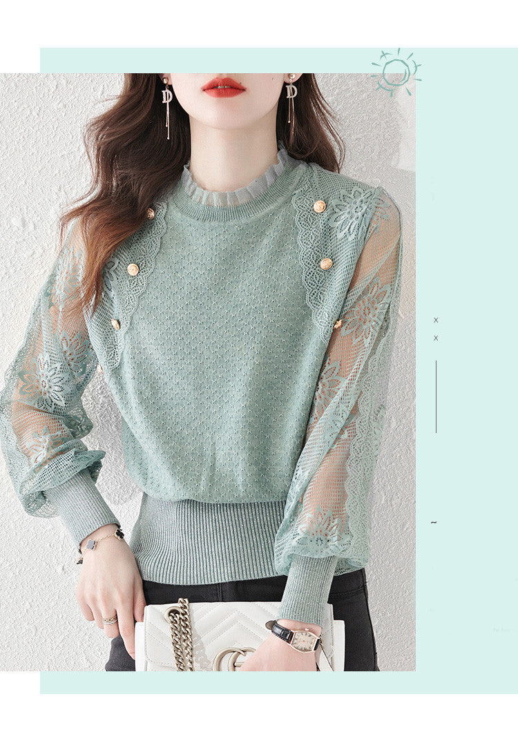 Women's Turtleneck Sweater Lantern Sleeves  Lace Tops - LAI MENG FIVE CATS