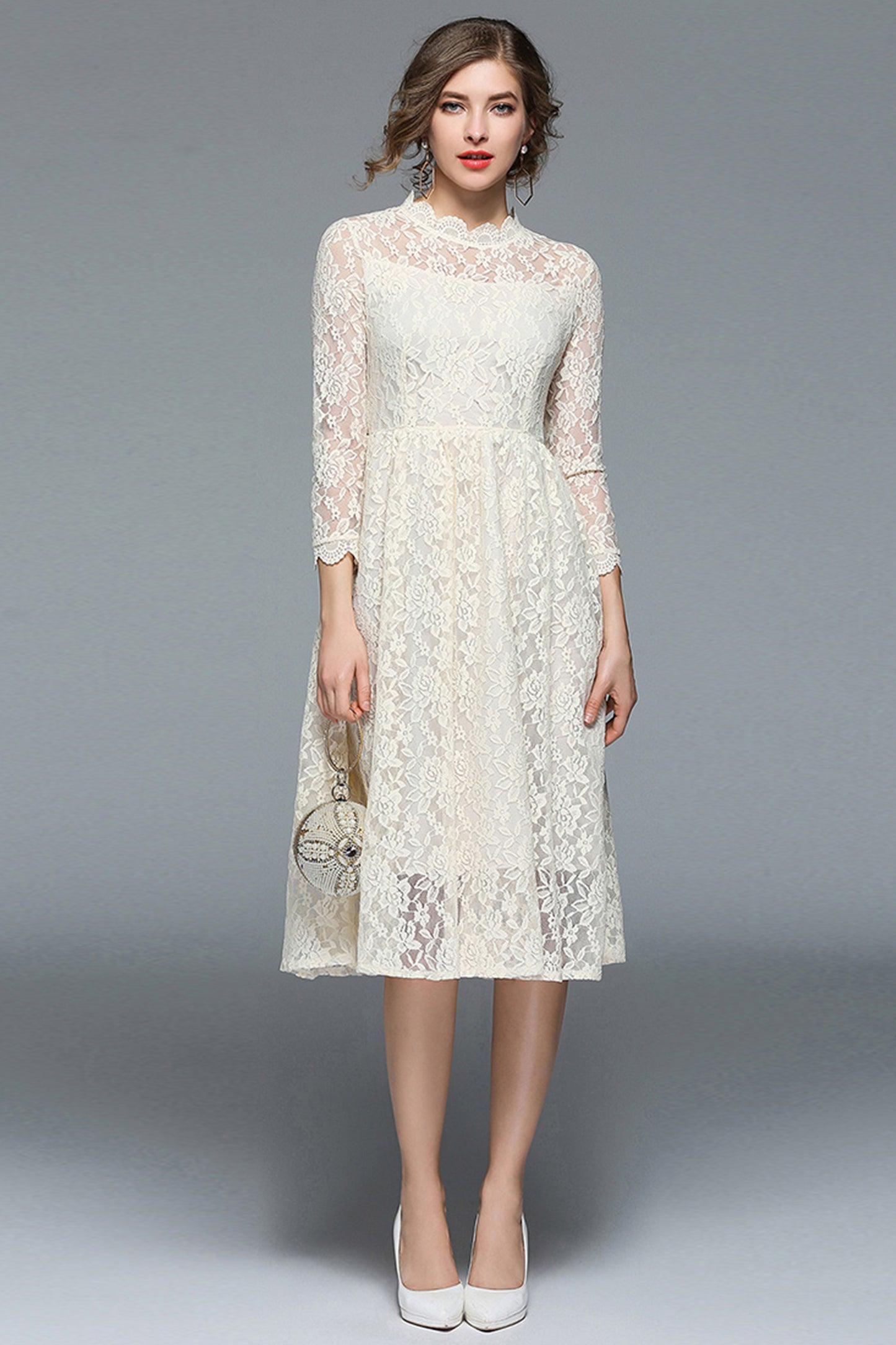 Women's Elegant Floral Lace 3/4 Sleeve Bridesmaid Formal Midi Dress
