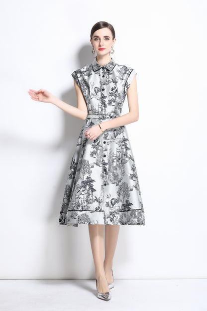 Women's Jacquard Cap Sleeve Button Rockabilly Dress