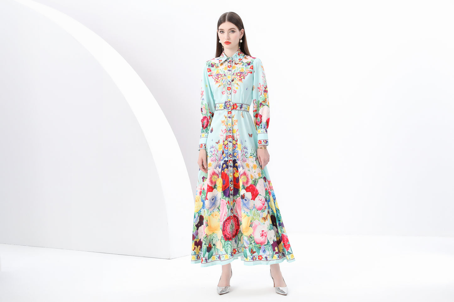 Women's Floral Print  Flowy Button Up Split Maxi Dress