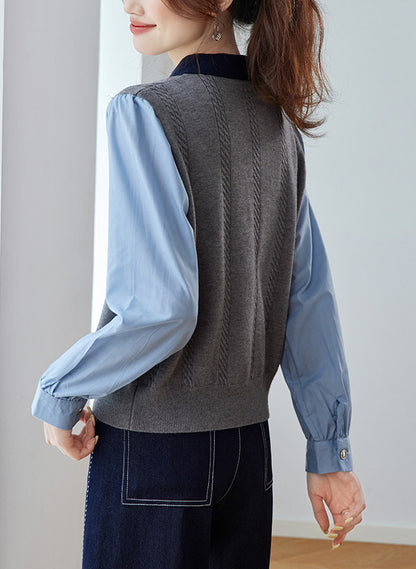 Color Block Cable Knit Polo Top – Faux Two-Piece Sweater Shirt