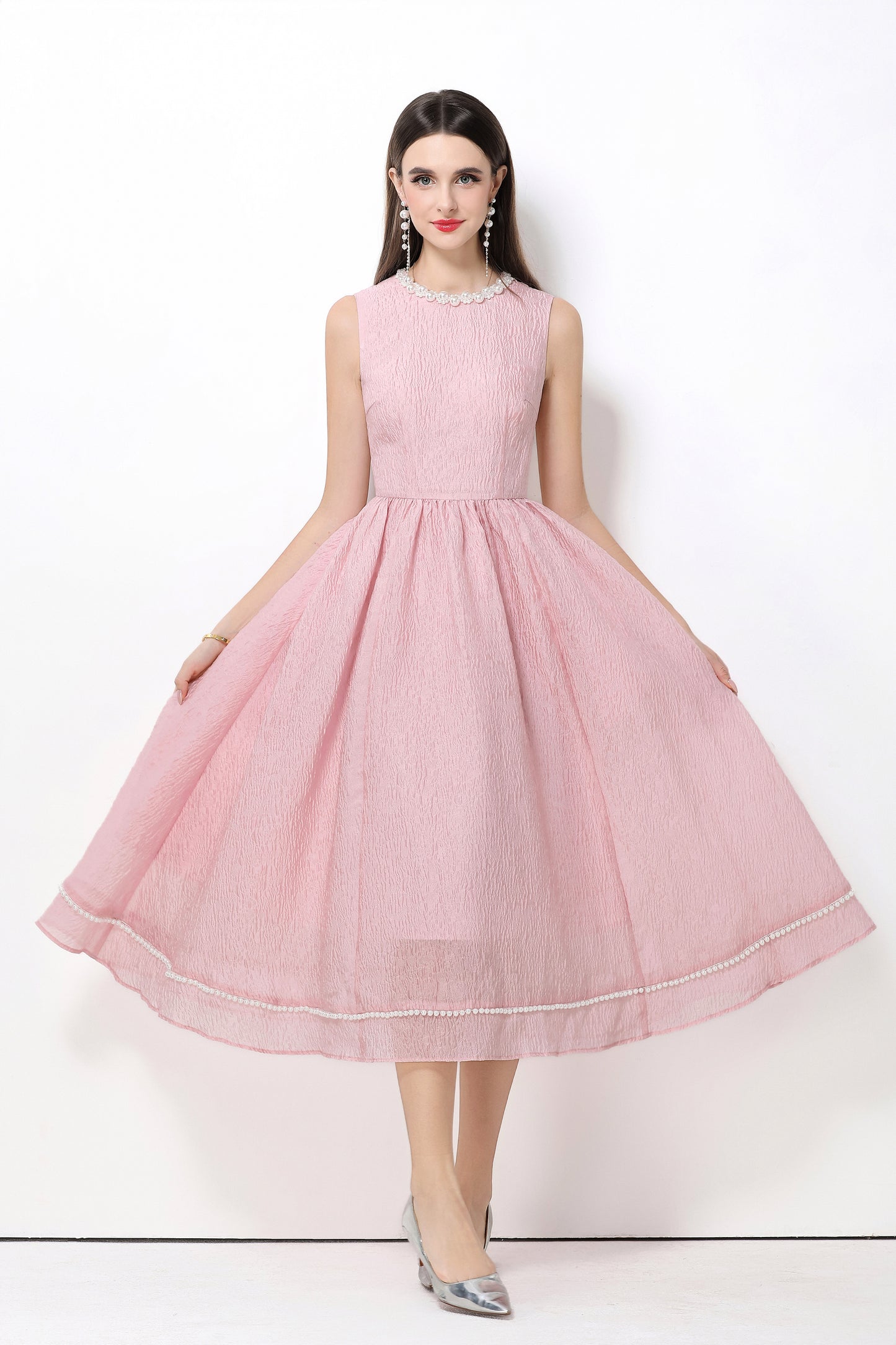 Elegant Pearl Trim A-Line Midi Dress - LAI MENG FIVE CATS