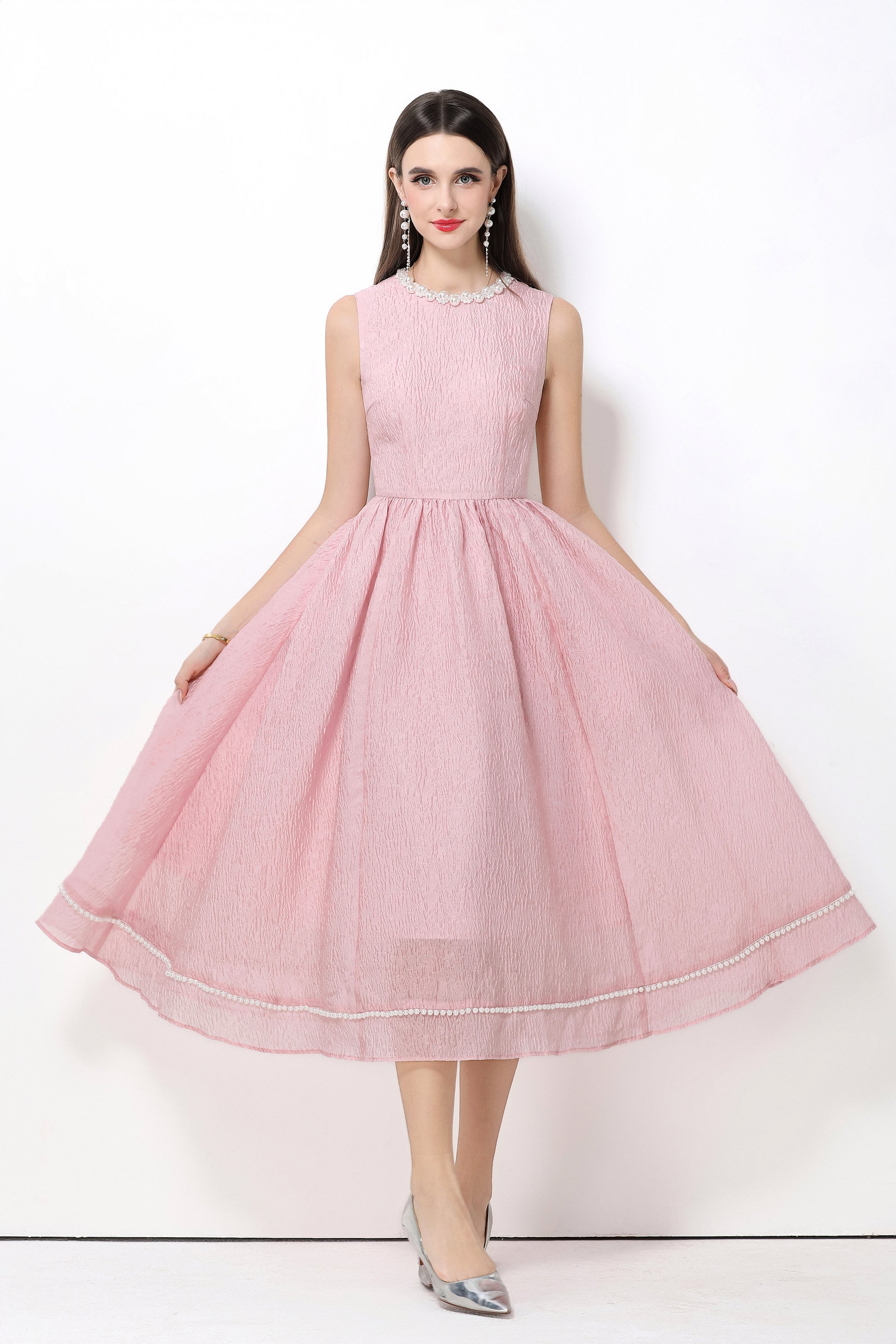 Elegant Pearl Trim A-Line Midi Dress - LAI MENG FIVE CATS