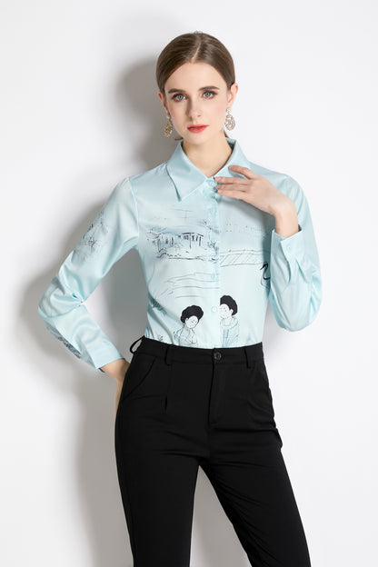 ESY-Women's Long Sleeve Lapel Collar Print Button Blouse