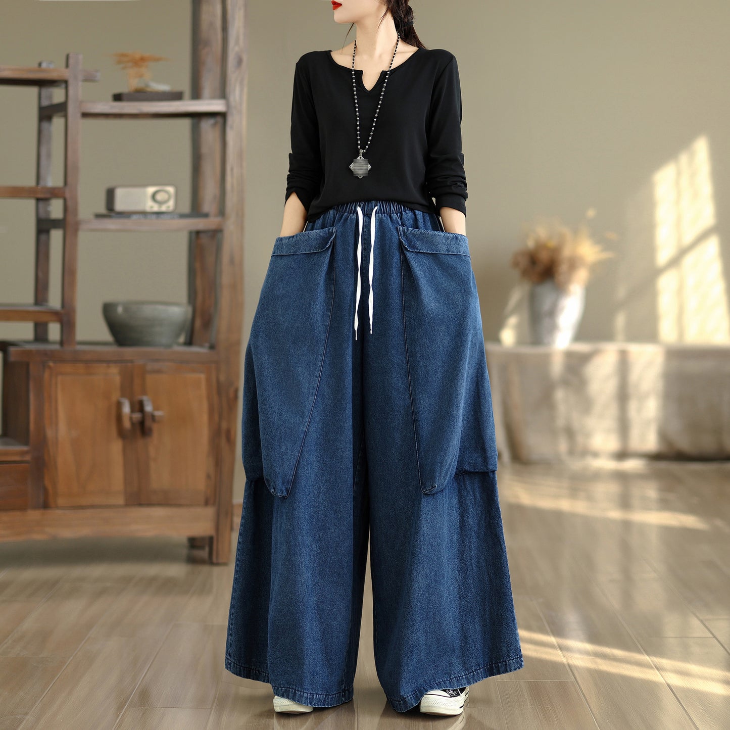 Women's Oversized Denim Wide Leg Pants Drawstring with Large Pockets