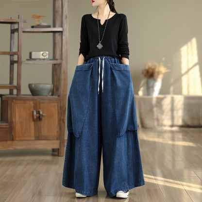Women's Oversized Denim Wide Leg Pants Drawstring with Large Pockets