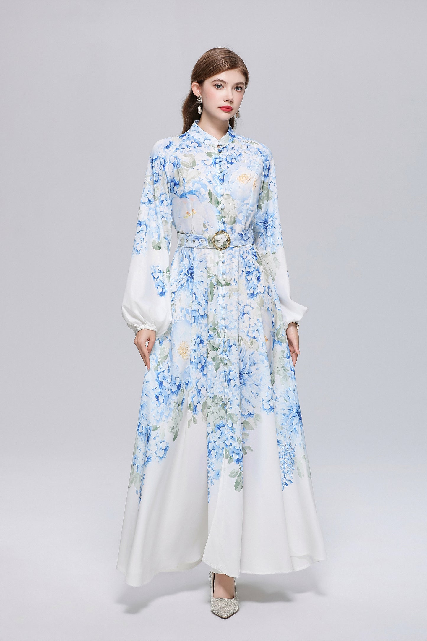 26-Women Floral Print Button Flowy Maxi Belt Dress