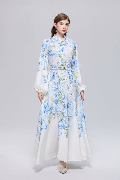 26-Women Floral Print Button Flowy Maxi Belt Dress