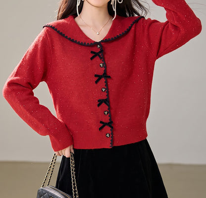 28700 Green Sailor Collar Button-Front Knit Cardigan