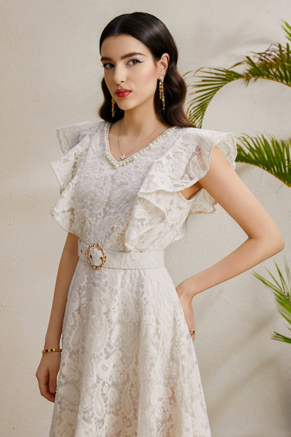Women's Pearl V-Neck Lace Sleeveless Ruffled Sleeves Maxi Dress