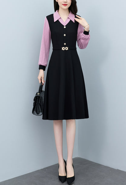 Women's Lapel V-Neck Pocket Long Sleeve Black Dress