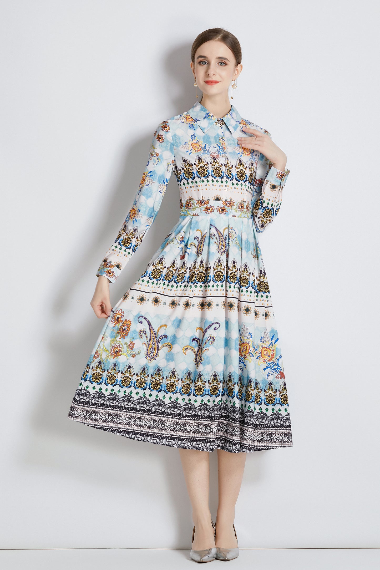 FSY-Women's 3/4 Sleeve Floral Print Button Midi Dress - LAI MENG FIVE CATS