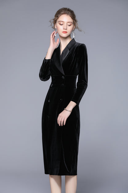 Women's velvet double-breasted notched collar bodycon midi dress