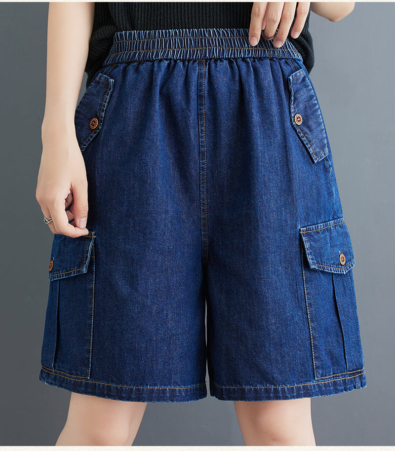 Women's High Waisted Baggy Jean Wide Leg Denim Shorts - LAI MENG FIVE CATS