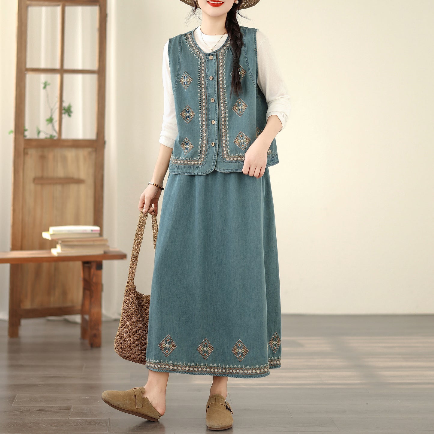 Women's Embroidered Elastic Waist Denim Jean Maxi Skirt Pocket - LAI MENG FIVE CATS