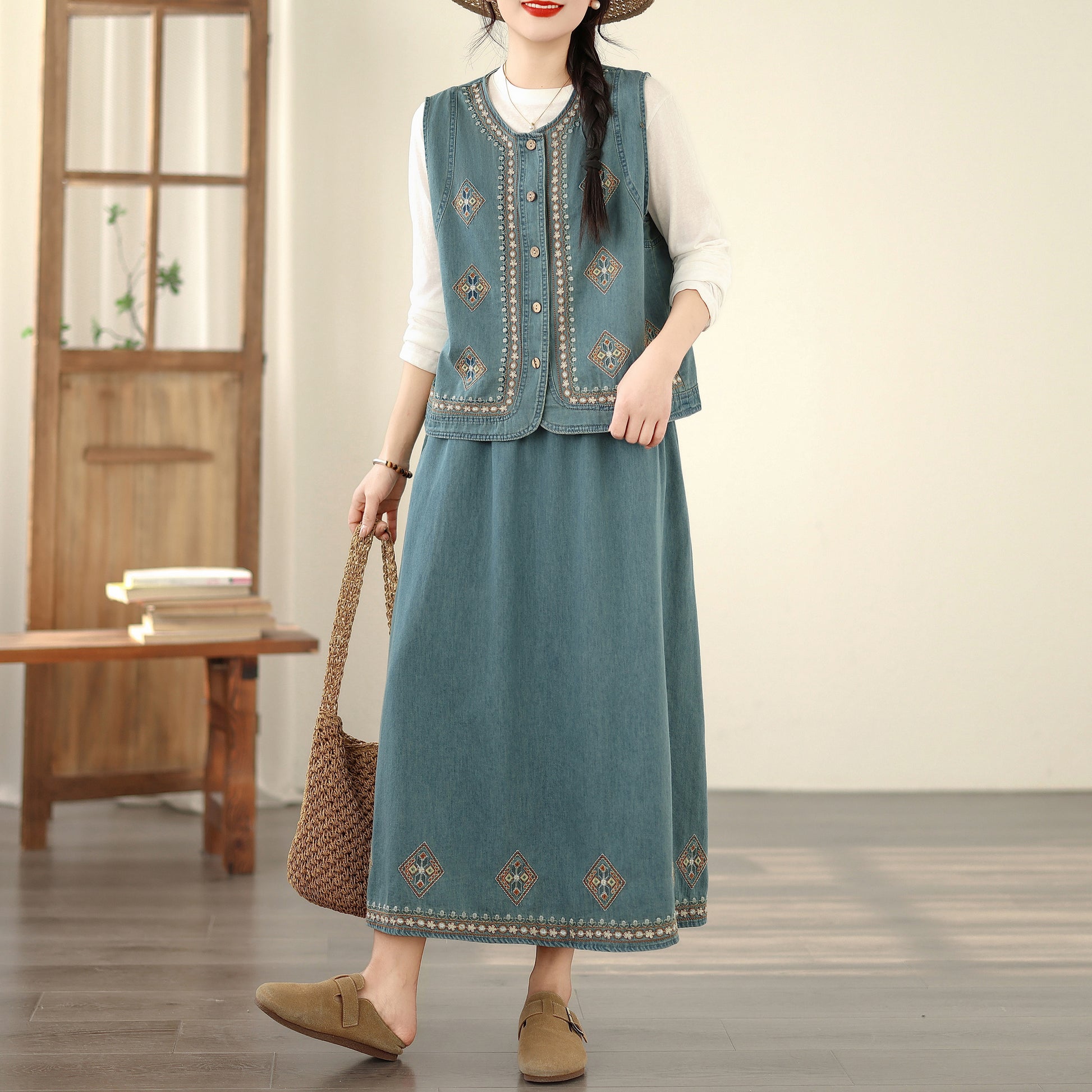 Women's Embroidered Elastic Waist Denim Jean Maxi Skirt Pocket - LAI MENG FIVE CATS