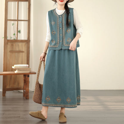 Women's Embroidered Elastic Waist Denim Jean Maxi Skirt Pocket - LAI MENG FIVE CATS