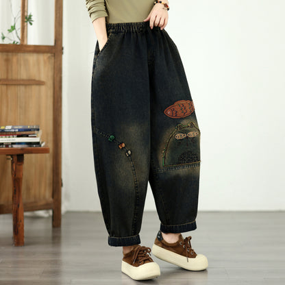 Vintage Denim Harem Pants with Fish Embroidery