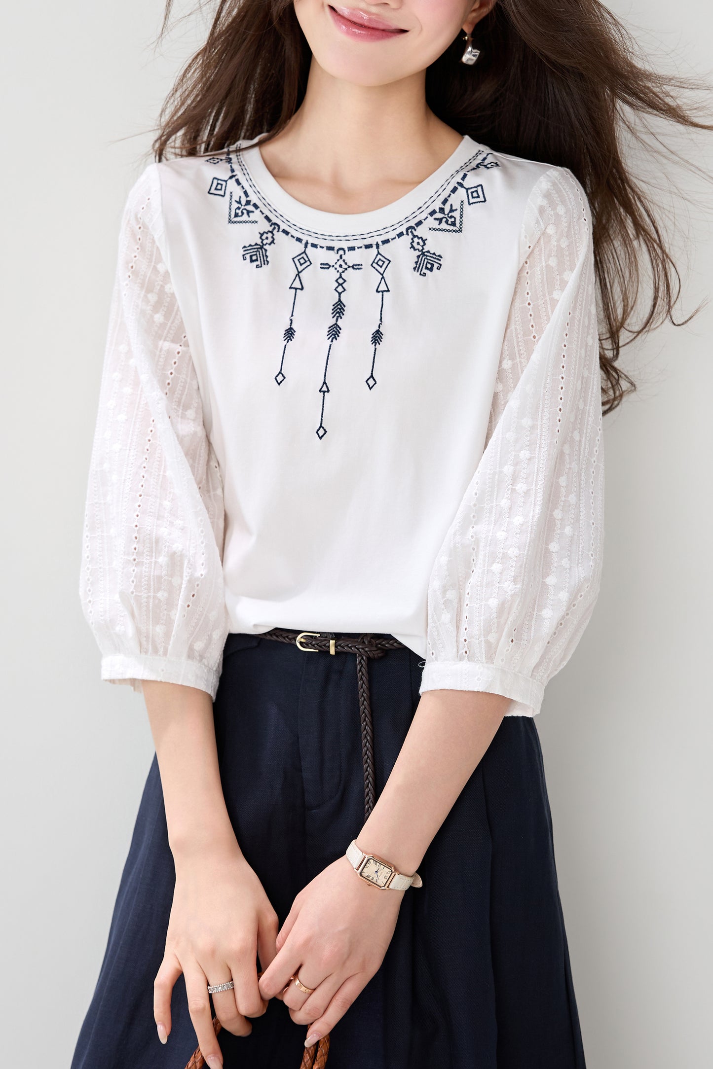 Embroidered Sheer Sleeve Blouse – Elegant 3/4 Sleeve Loose Fit Top