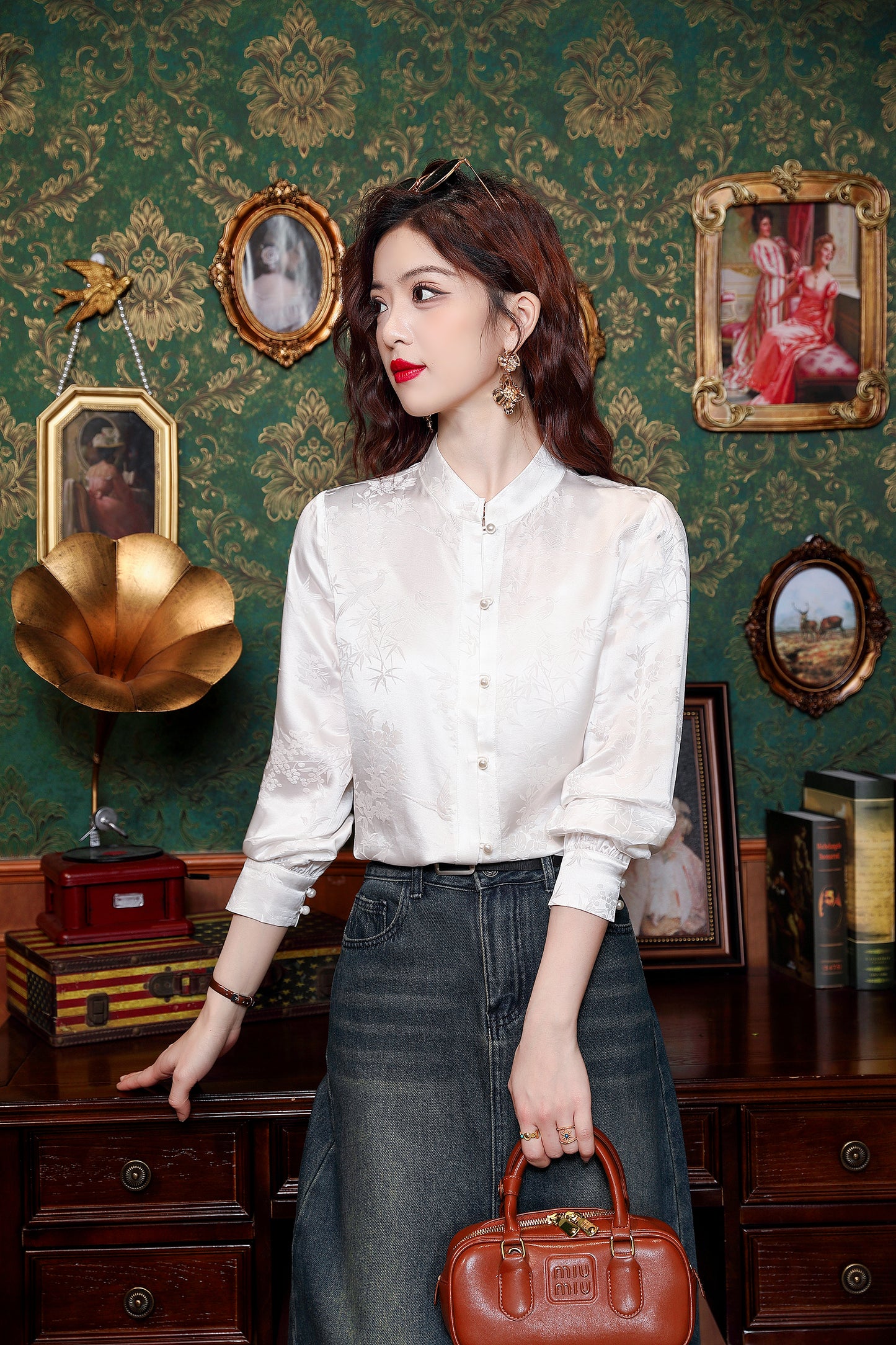 Women's Silk Satin Jacquard Long Sleeve Blouses