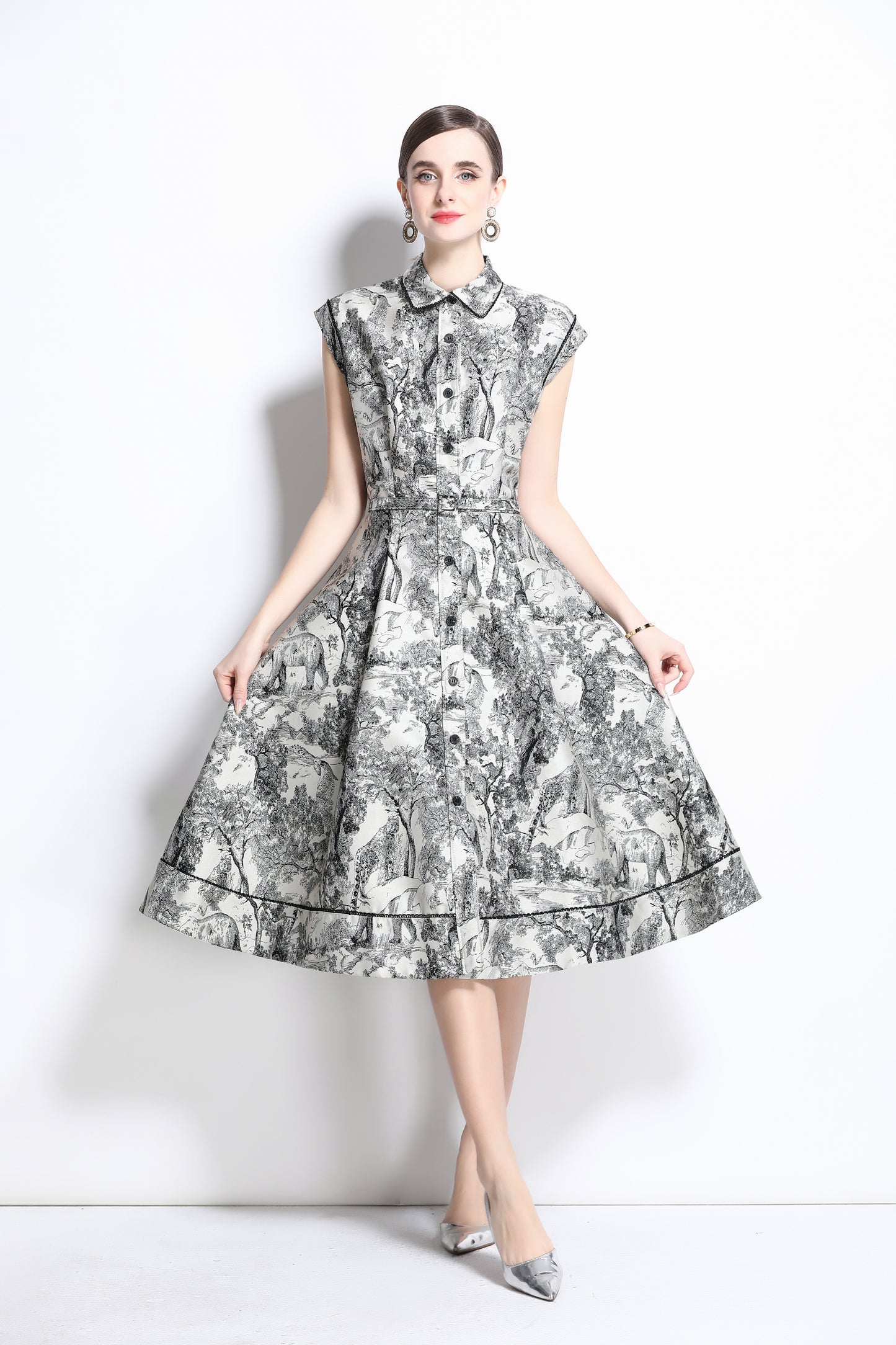 Women's Jacquard Cap Sleeve Button Rockabilly Dress