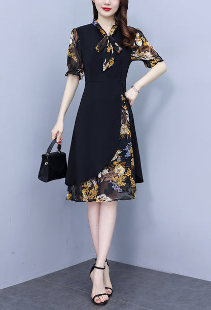 Women's Tie V-Neck Short Sleeve A-line Midi Dress