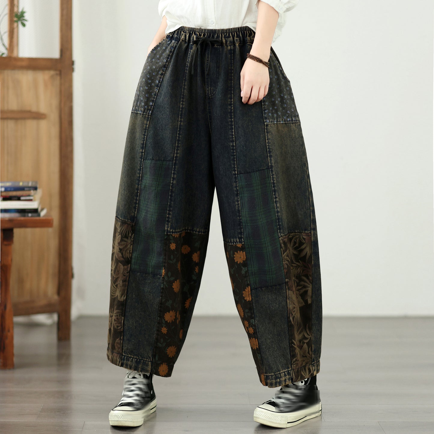 Vintage Patchwork Denim Harem Pants – Artistic Boho Lantern Jeans