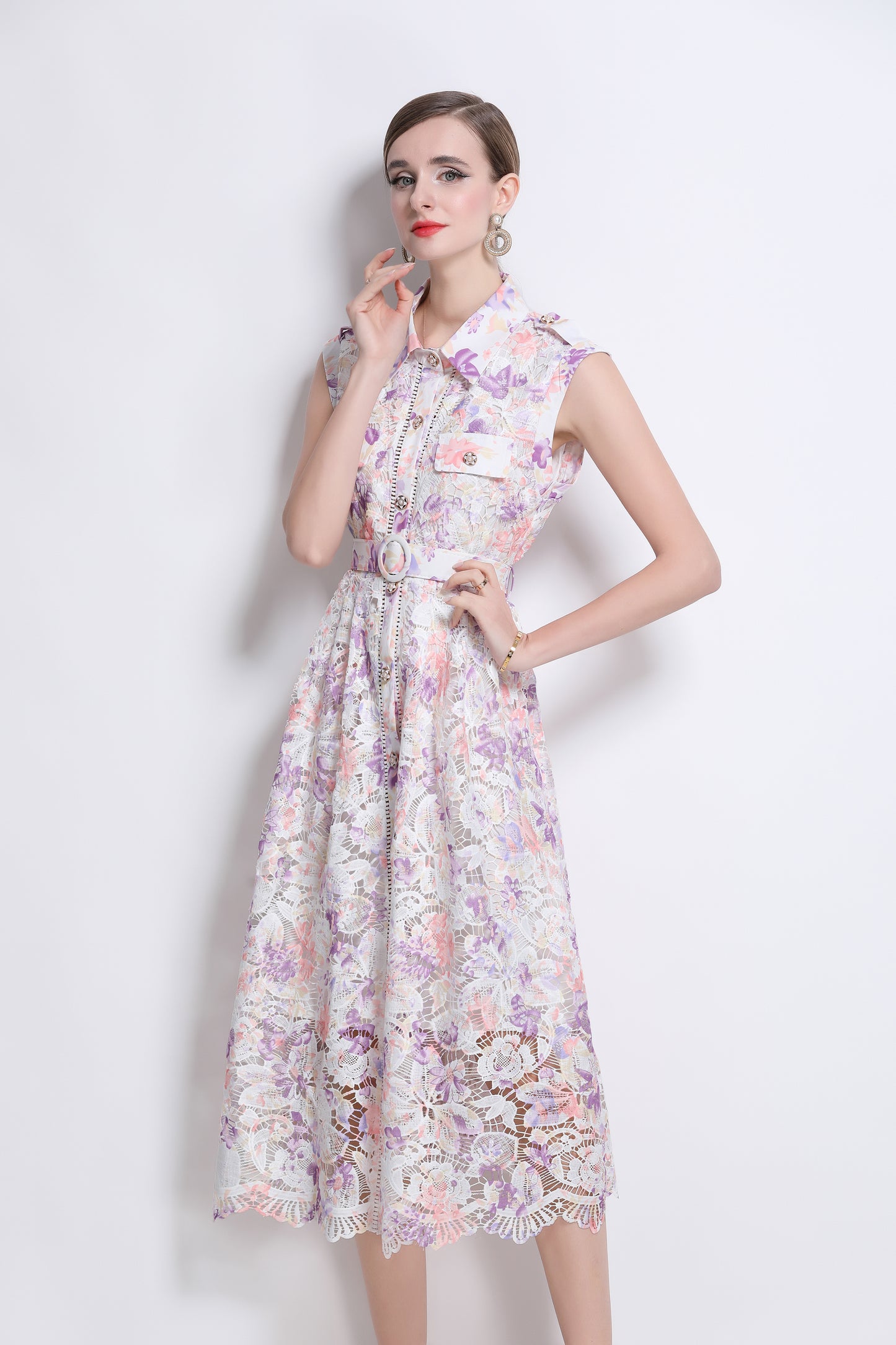 Lavender Floral Lace Midi Dress with Belt – Romantic Date Night Dress