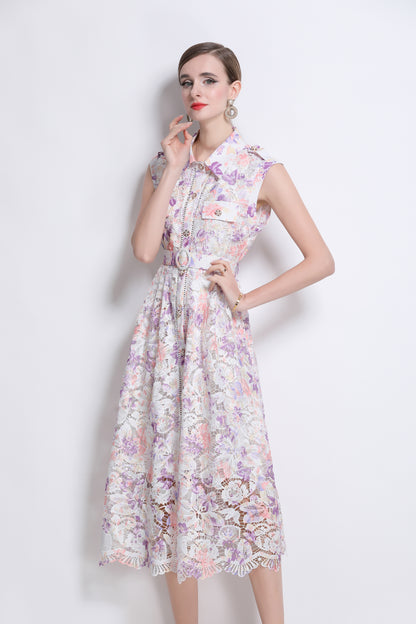 Lavender Floral Lace Midi Dress with Belt – Romantic Date Night Dress