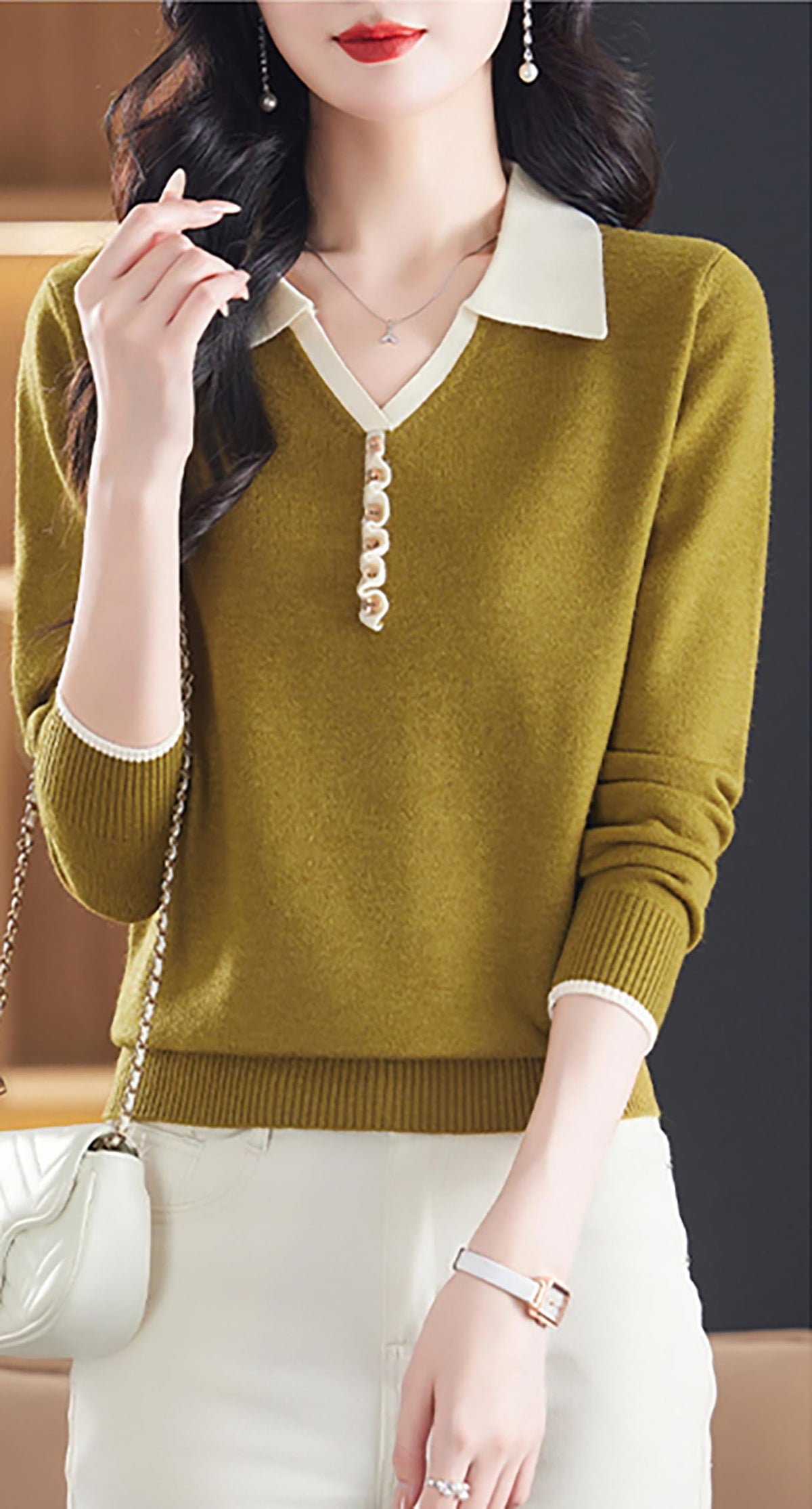 Women's Contrast-Collar Knit Top — Faux Button Placket
