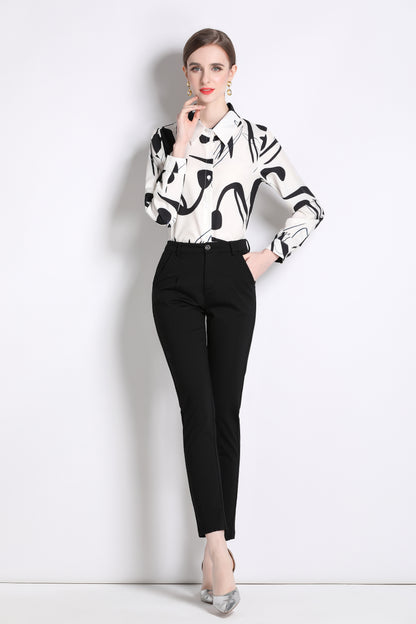 ESY-Women's Long Sleeve Lapel Collar Print Button Blouse