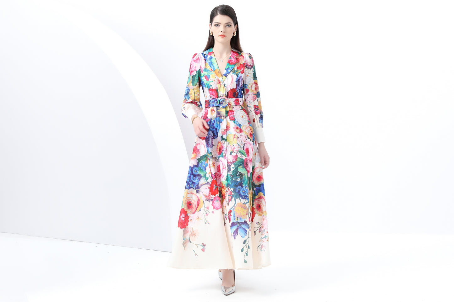 Women's Notch Lapels Puff Sleeve Print Maxi Dress