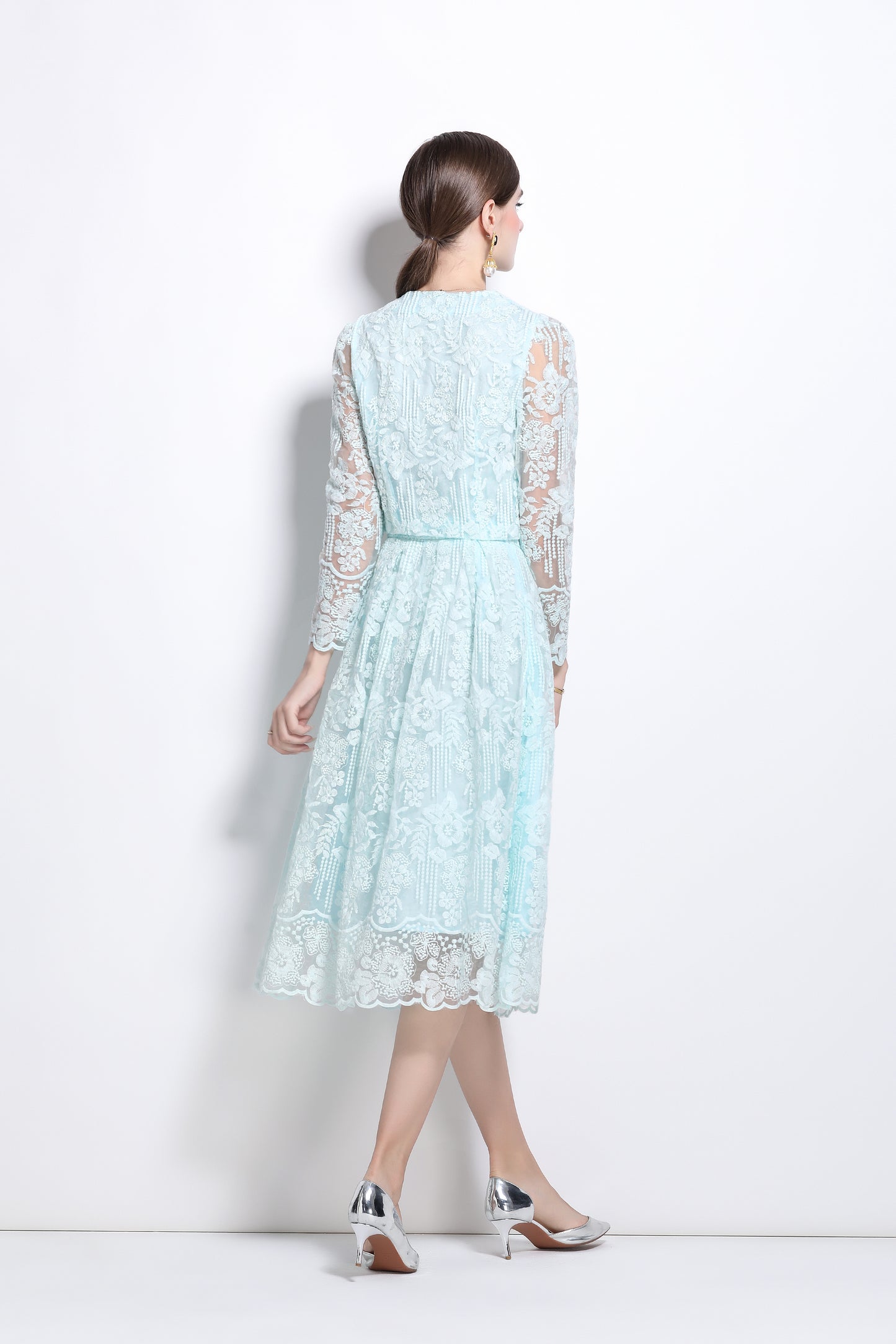 2 Pieces Chiffon Lace Button Midi Dress