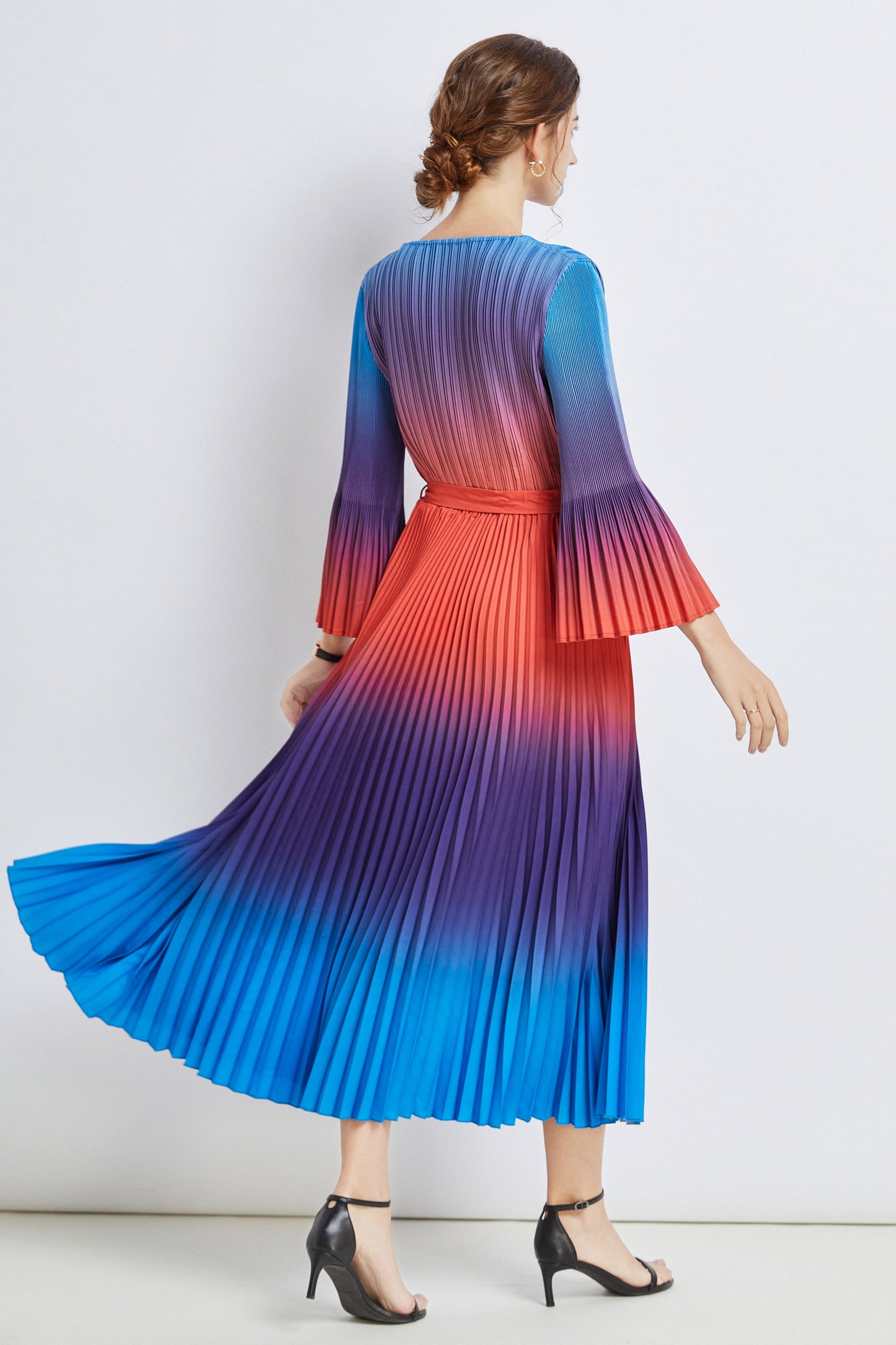 Elegant Pleated V Neck Print Casual Maxi Dress