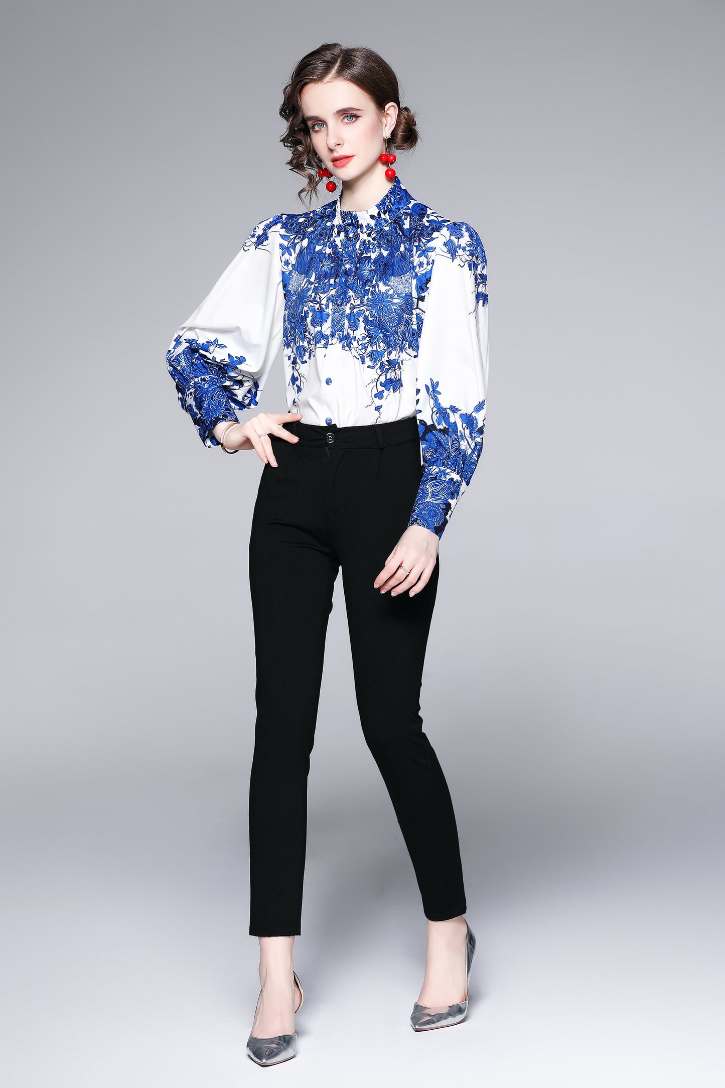 ESY-Women's Button Floral Print Shirt Loose Blouses Tops