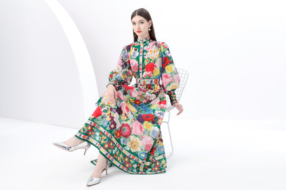 Women's Printed High-neck Puff Sleeves Maxi Dress