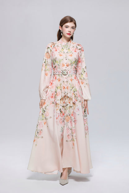 26-Women Floral Print Button Flowy Maxi Belt Dress