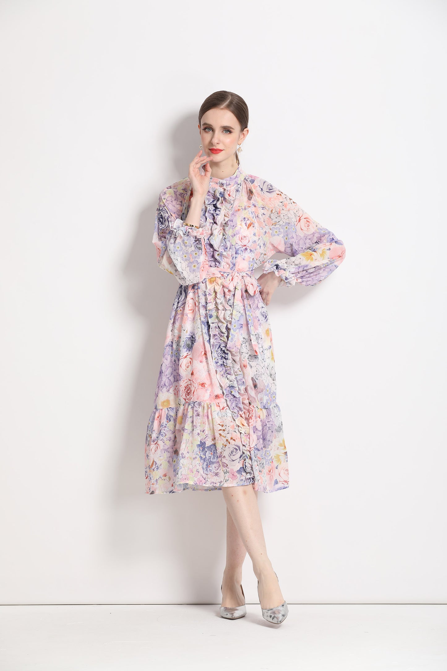 FSY-Women's Floral Puff Sleeve Button Loose Ruffle Midi Dress