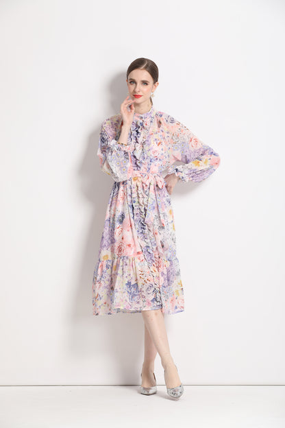 FSY-Women's Floral Puff Sleeve Button Loose Ruffle Midi Dress