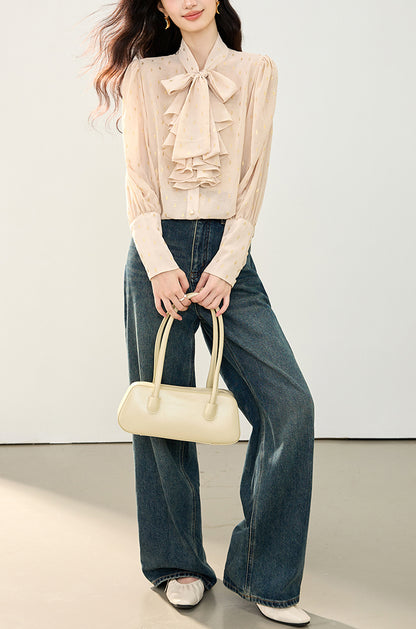 Bow Tie Ruffle Blouse with Metallic Print