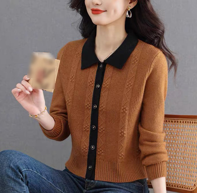 Vintage Contrast Collar Cable Knit Cardigan | Textured Button Crop Sweater