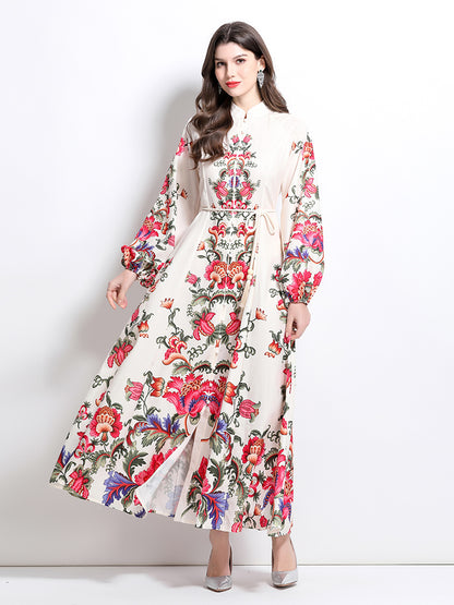 Women's Floral Print Puff Sleeve Split Party Maxi Dress